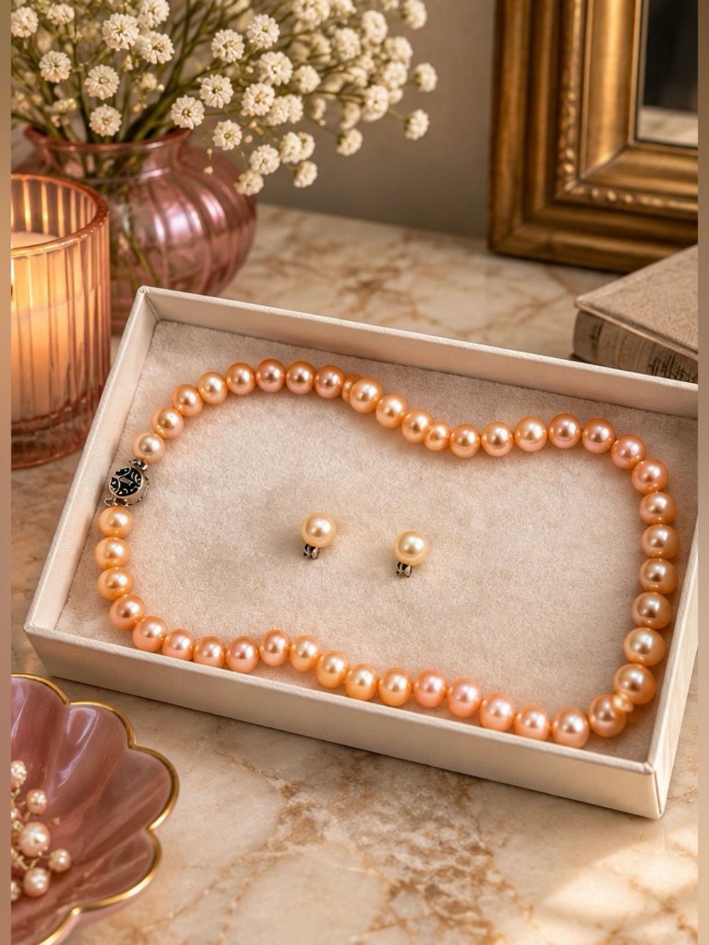 Genuine Peach Freshwater Pearl Necklace & Pearl Stud Earrings Set 17”